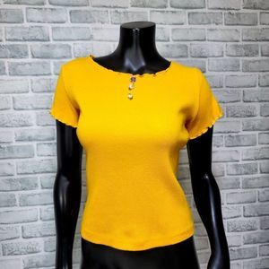 Vintage 90s Y2K CHIC Womens Stretch Ribbed Lettuce Edge Golden Yellow‎ Roses